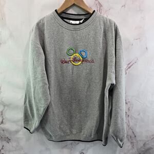 Disney World Sweatshirt Mens Medium Gray Pullover Fleece Embroidered Crew Neck